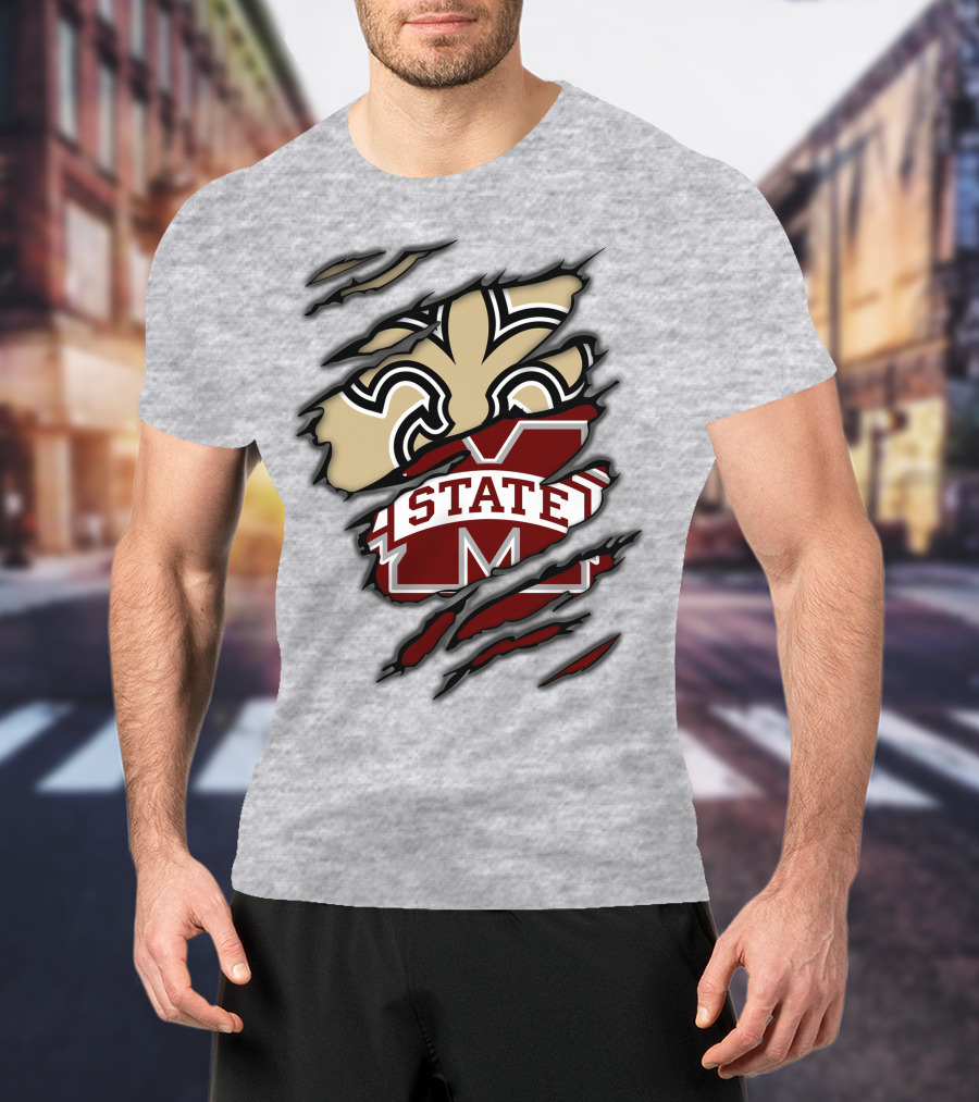 Saints Mississippi State Bulldogs Fleur-de-Lis Logo Combo T-Shirt