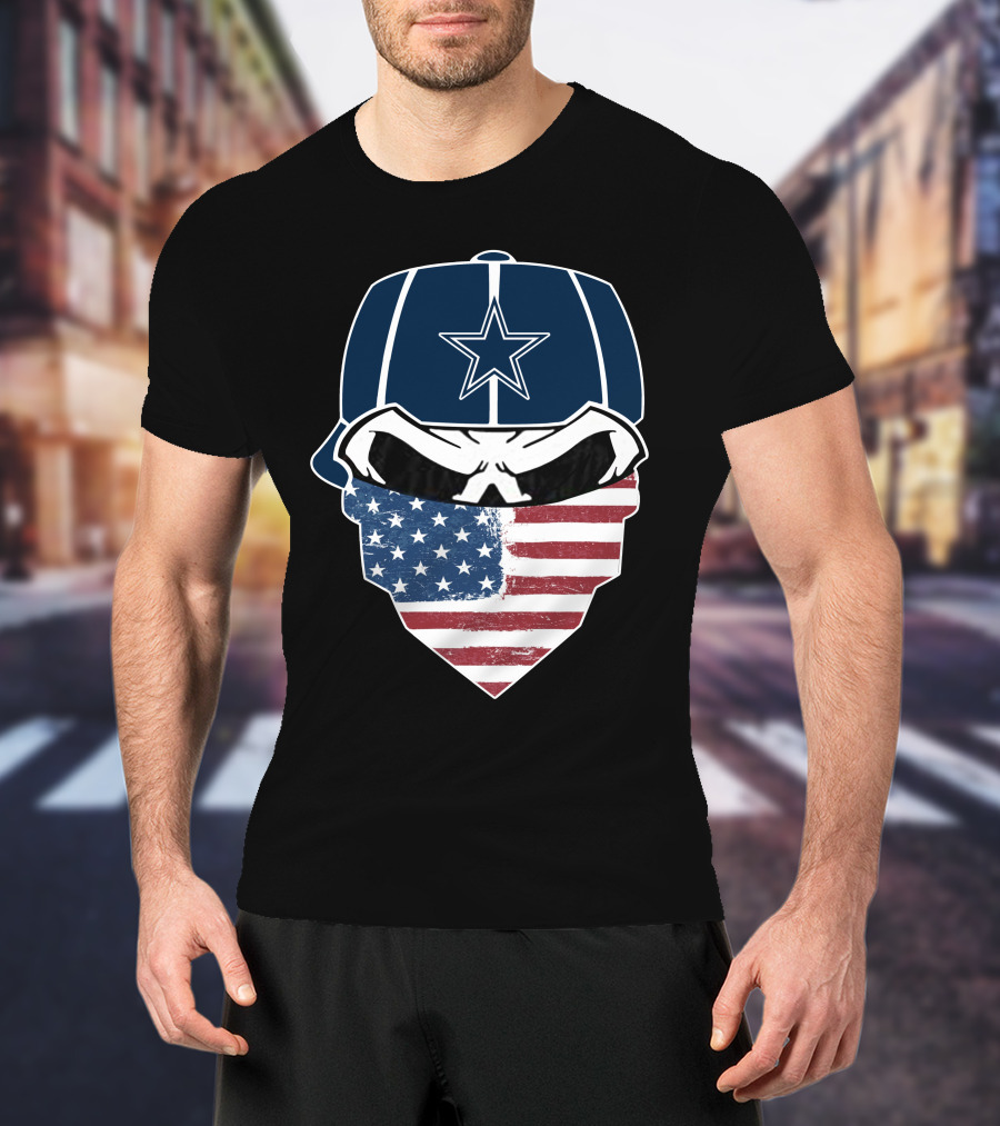 Cowboys Skull With Star Cap And American Flag Bandana T-Shirt