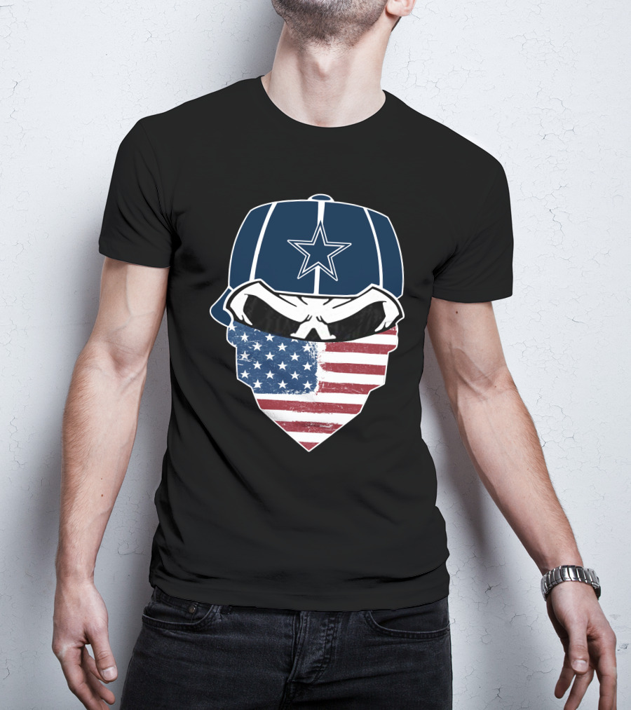 Cowboys Skull With Star Cap And American Flag Bandana T-Shirt