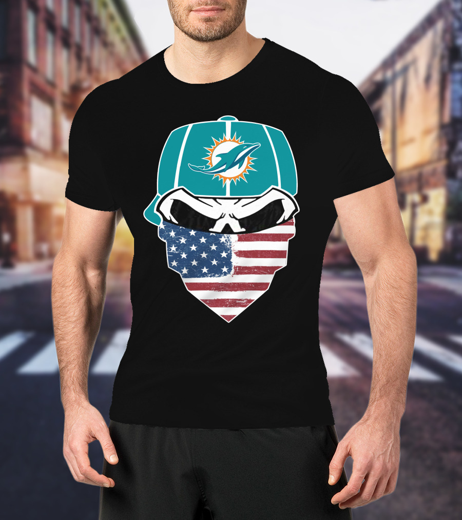 Miami Dolphins Skull American Flag Bandana T-Shirt