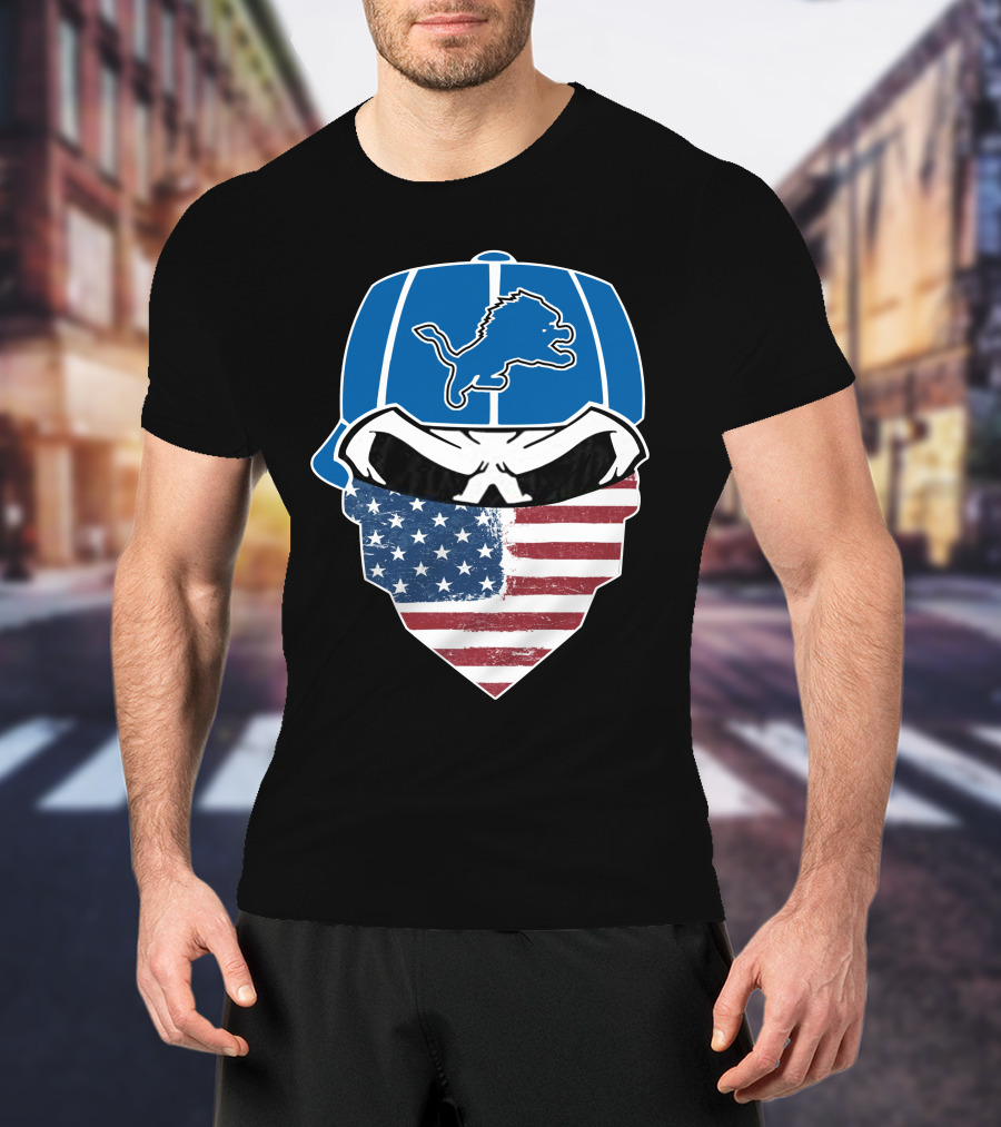 Detroit Lions Skull Bandana American Flag T-Shirt