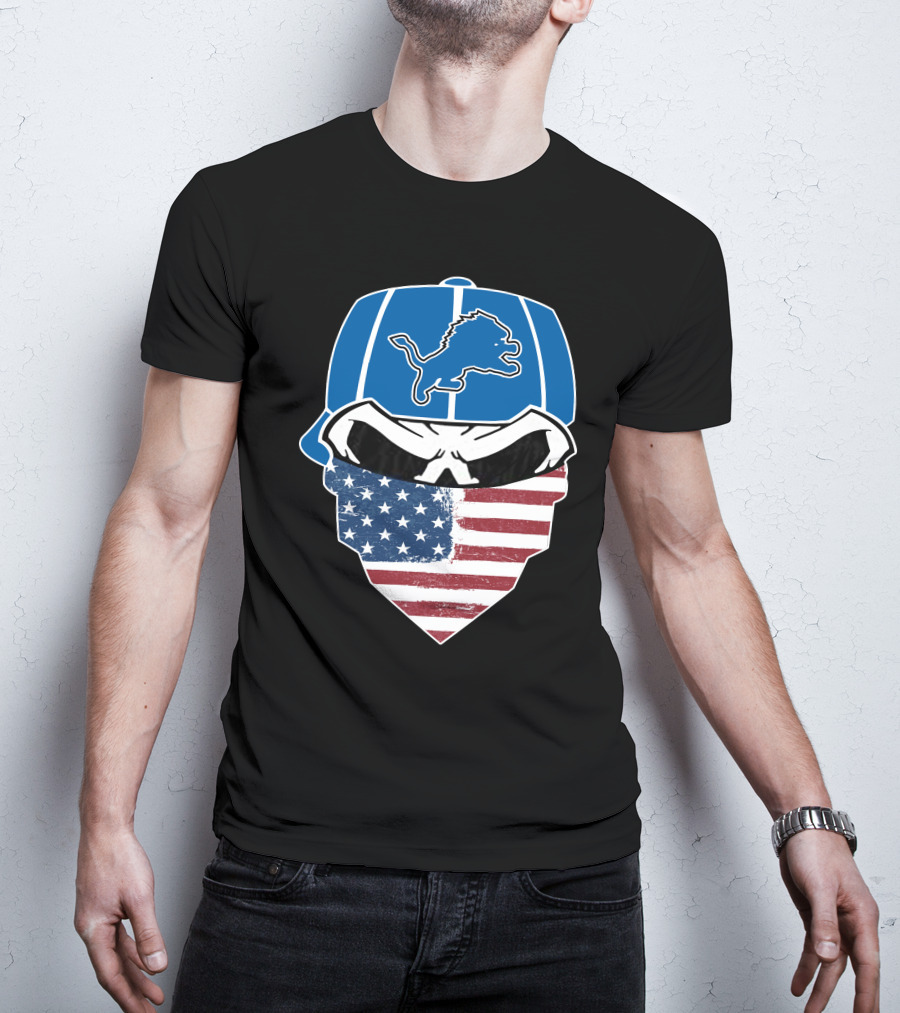 Detroit Lions Skull Bandana American Flag T-Shirt
