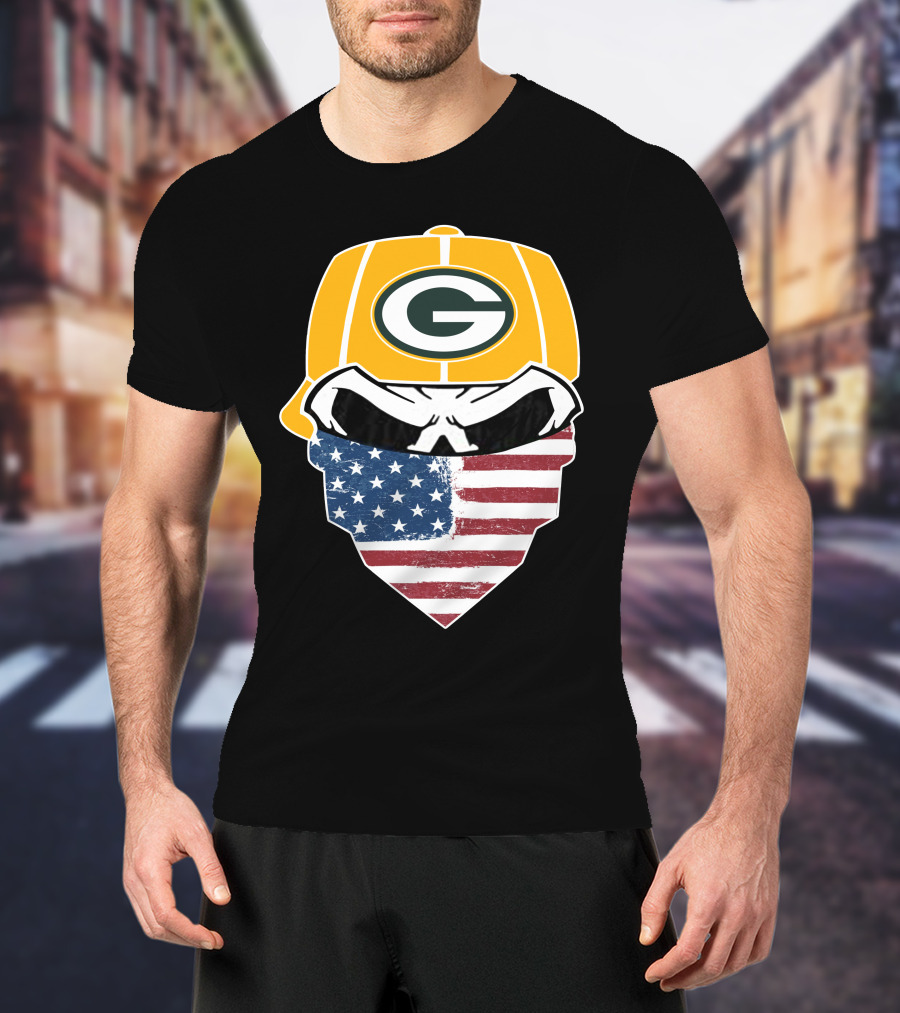 Packers Skull USA Flag Bandana Green Bay Packers Helmet T-Shirt