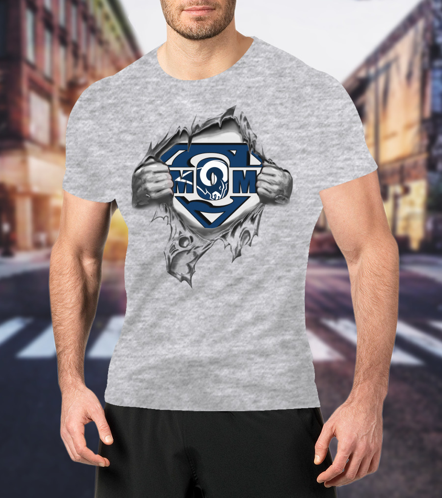 Rams Super Mom Logo With Superman Emblem And Torn Background T-Shirt