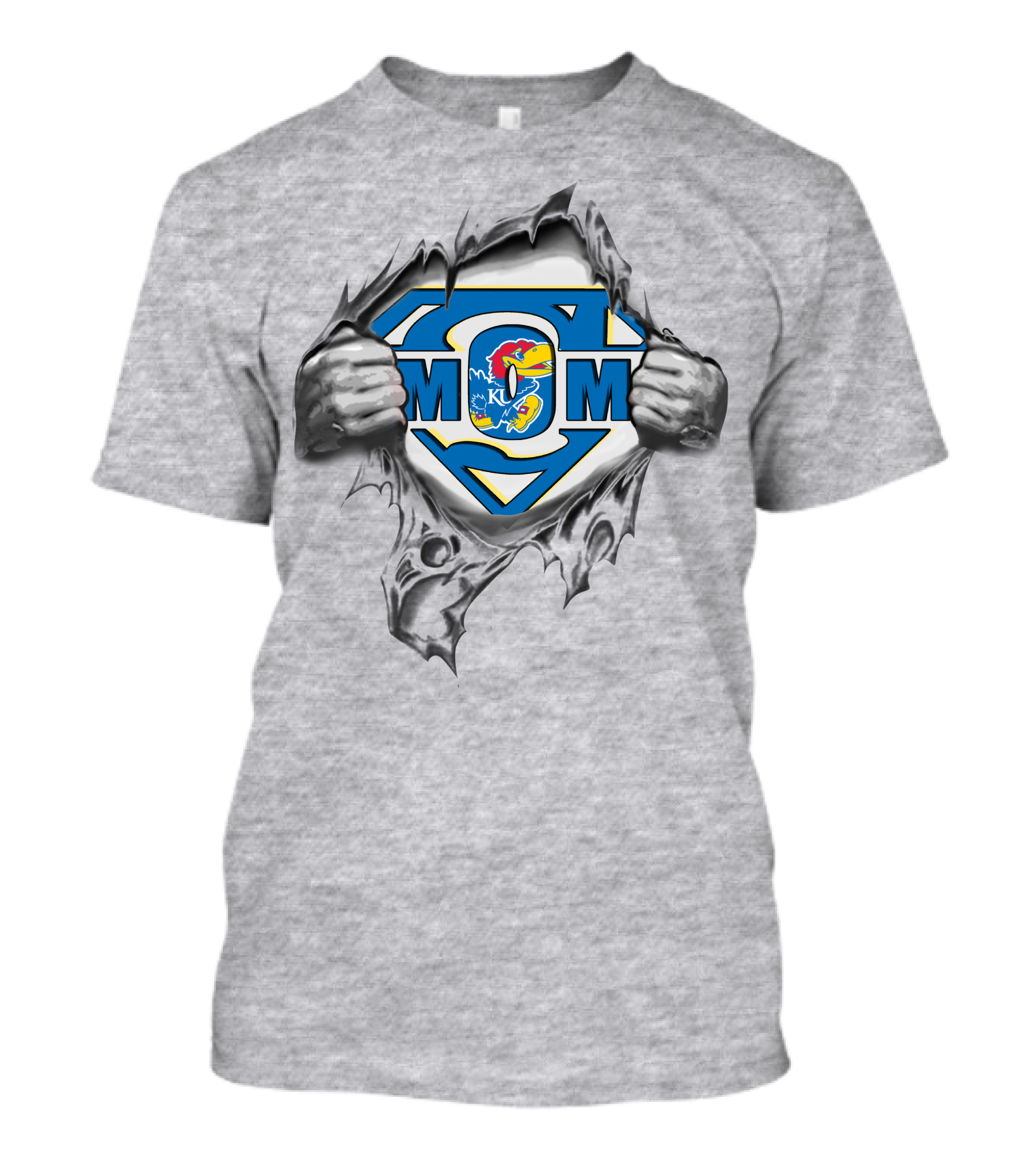 Kansas Jayhawks Super Mom Logo With Superman Emblem Torn T-Shirt
