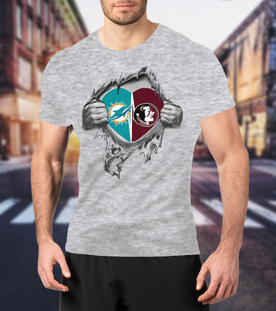 Dolphins Fsu Seminoles Heart Logos Torn Fabric T-Shirt