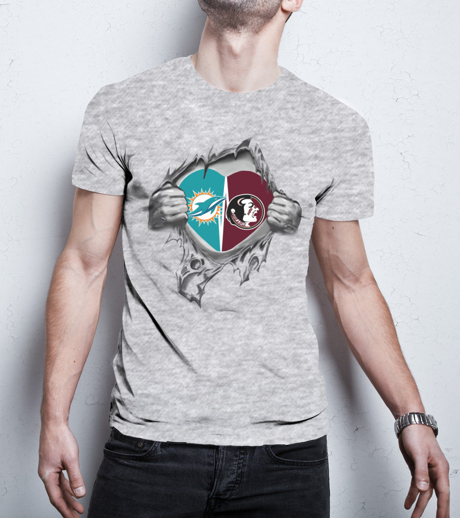 Dolphins Fsu Seminoles Heart Logos Torn Fabric T-Shirt