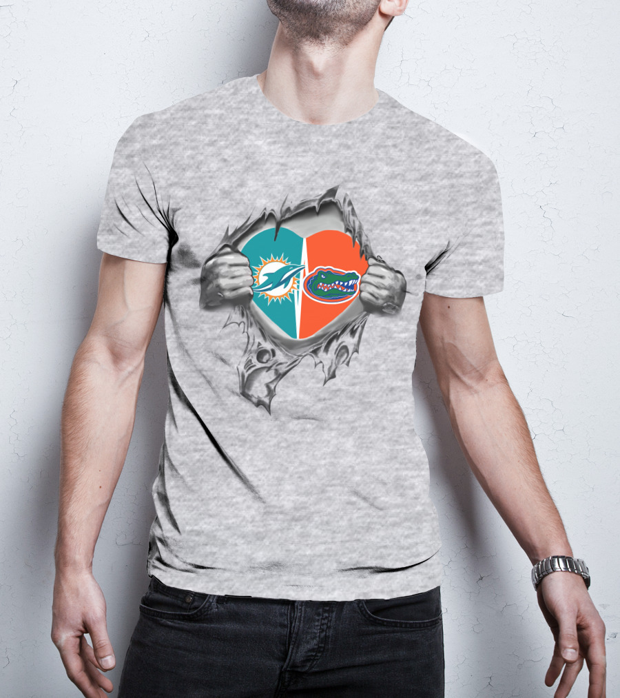 Dolphins Gators Heart Logo Split Ripped T-Shirt