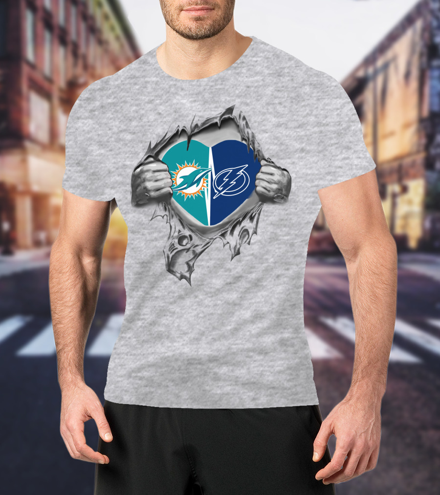 Dolphins Tampa Bay Lightning Heart Logo Torn Hands T-Shirt