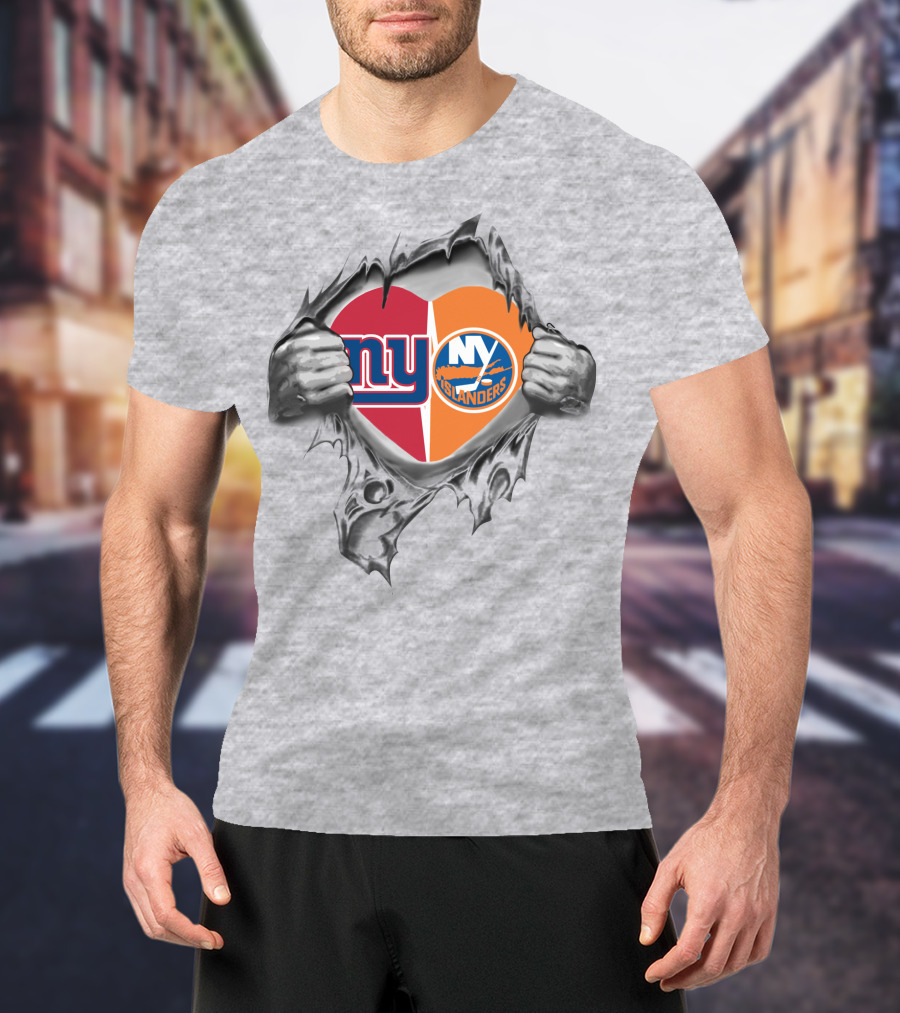 New York Giants And Islanders Heart Ripped Open T-Shirt