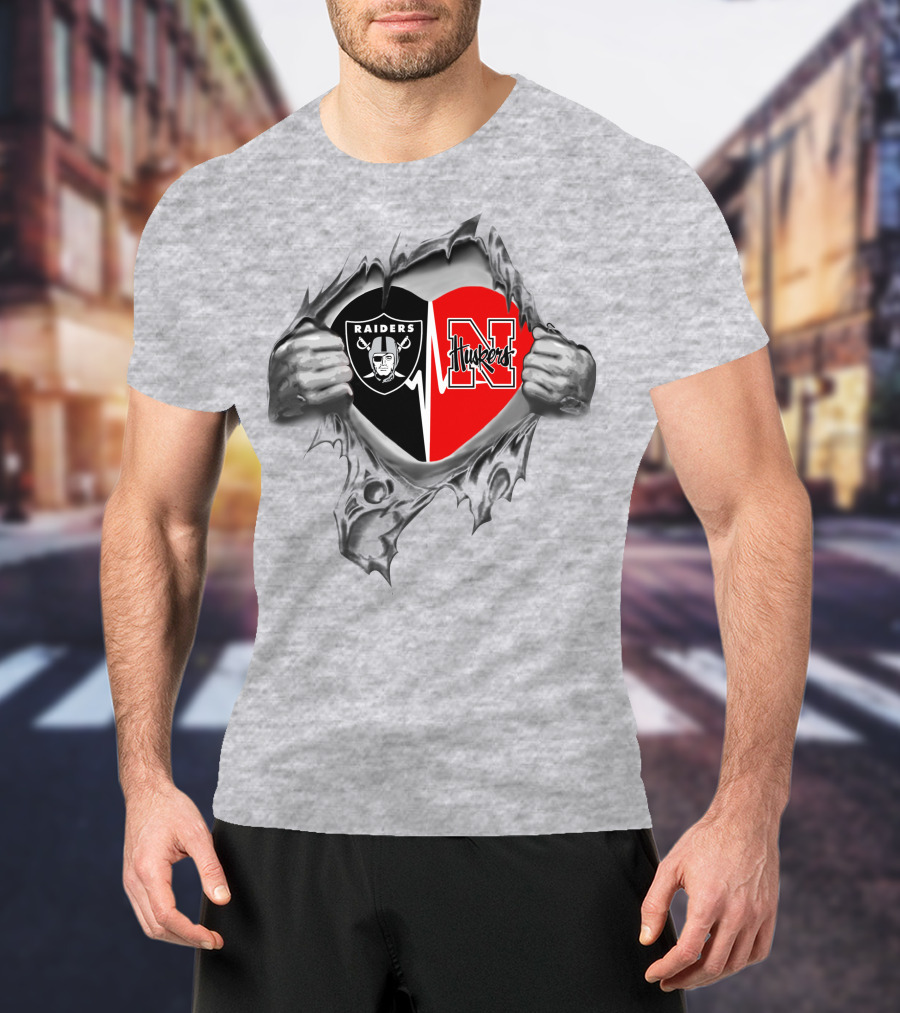 Raiders Huskers Heart Design With Torn Fabric T-Shirt