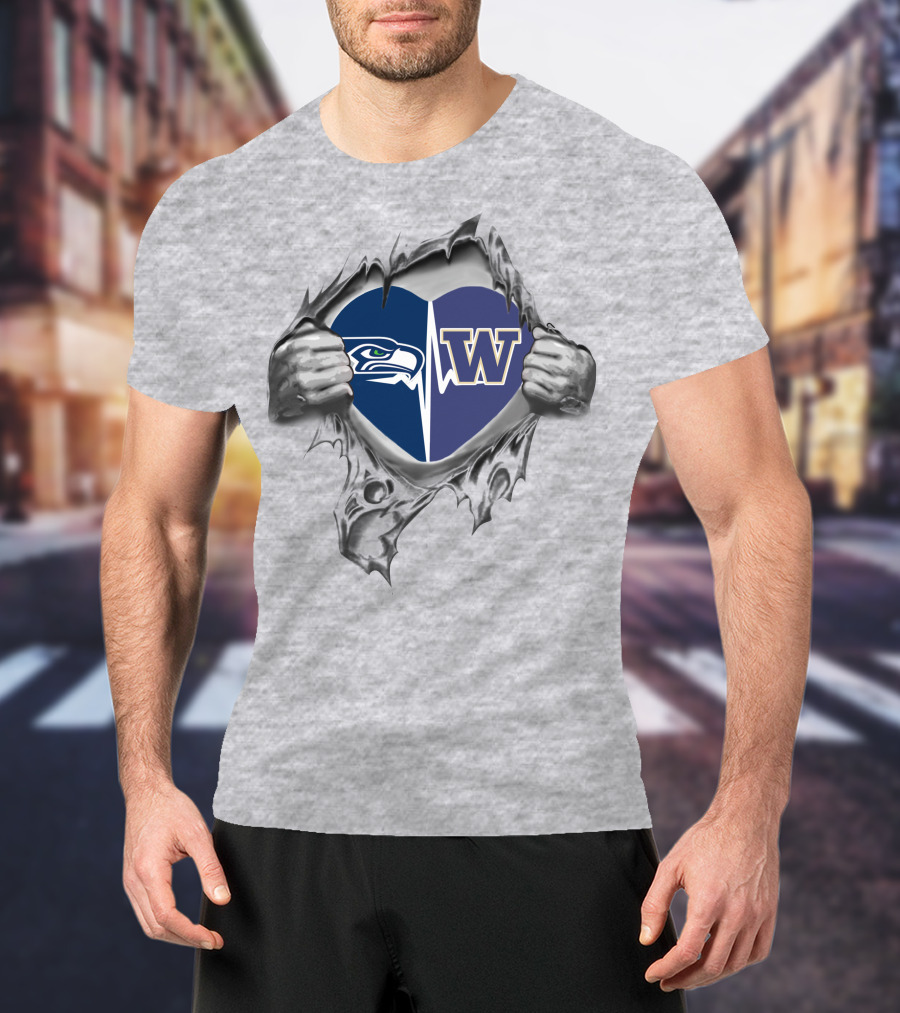 Seahawks Huskies Heart Split Logo Seahawks Heart W T-Shirt