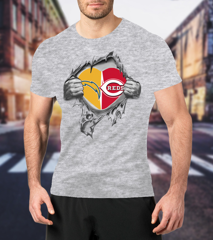 Reds Chargers Heart With Skeleton Hands NFL MLB Crossover T-Shirt