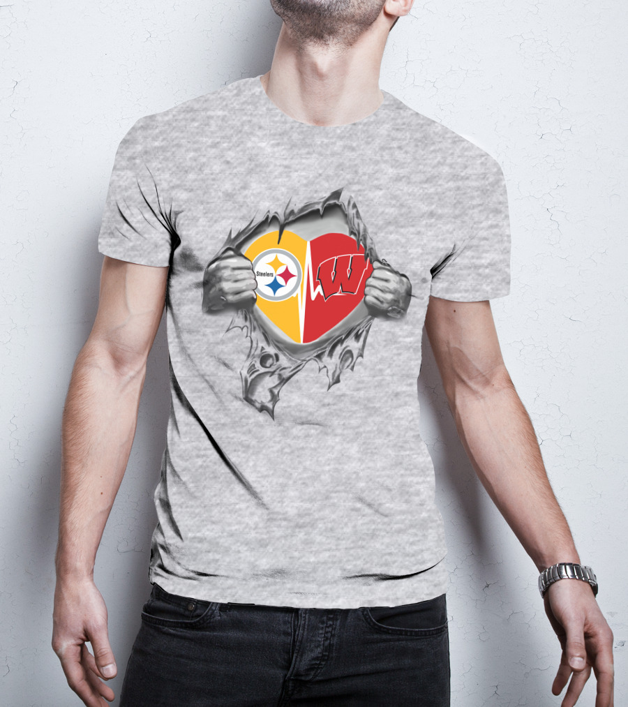 Steelers Badgers Heart With Logos In Torn T-Shirt