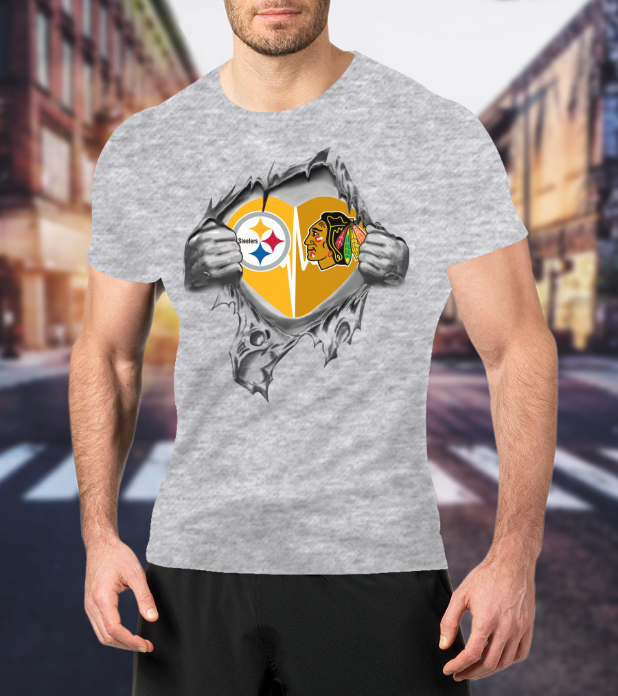 Steelers Blackhawks Heart Logos Torn T-Shirt
