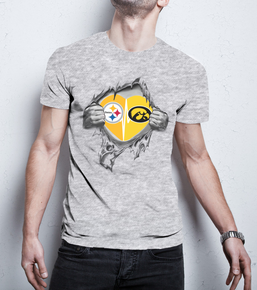 Steelers Hawkeyes Heartbeat Inside Layered Heart T-Shirt