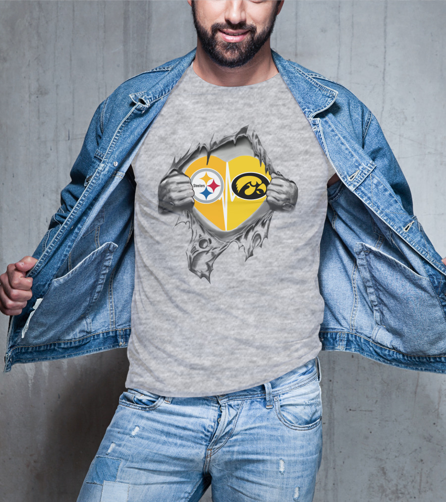 Steelers Hawkeyes Heartbeat Inside Layered Heart T-Shirt