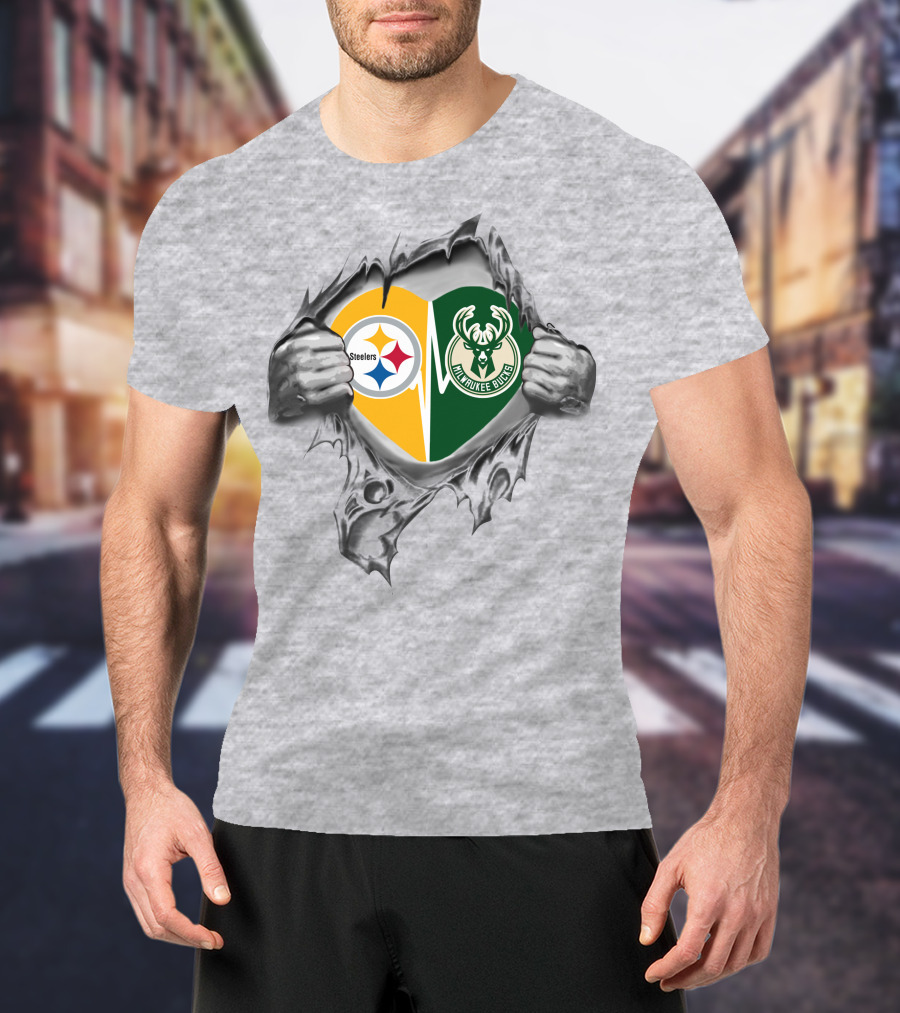Steelers Milwaukee Bucks Heart Torn T-Shirt