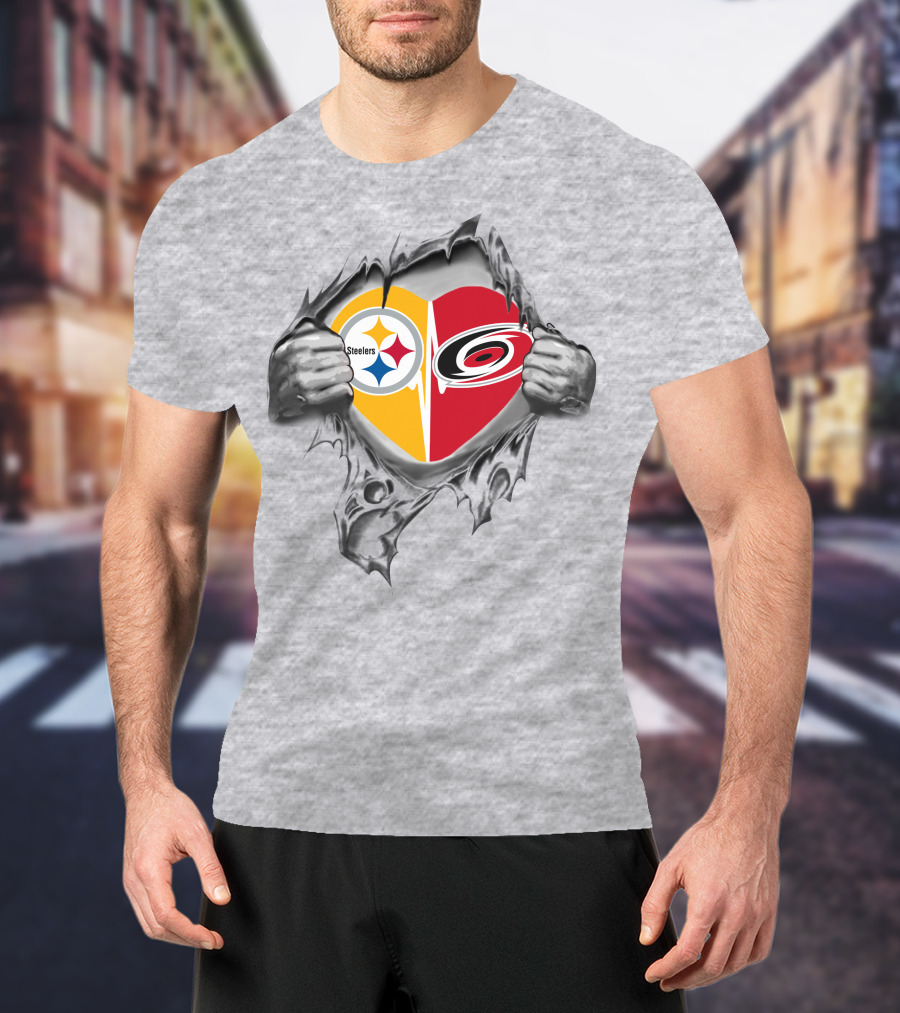 Steelers Carolina Hurricanes Heart Logos T-Shirt