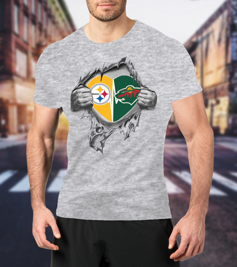 Steelers Wild Heart Logos Burst Through Torn Fabric T-Shirt