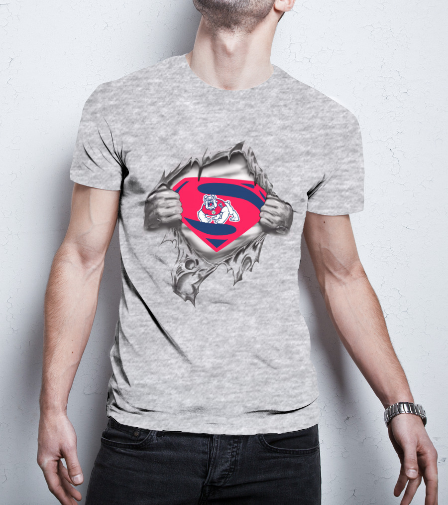 Fresno State Bulldog Superman Emblem With Bulldog Logo Torn T-Shirt