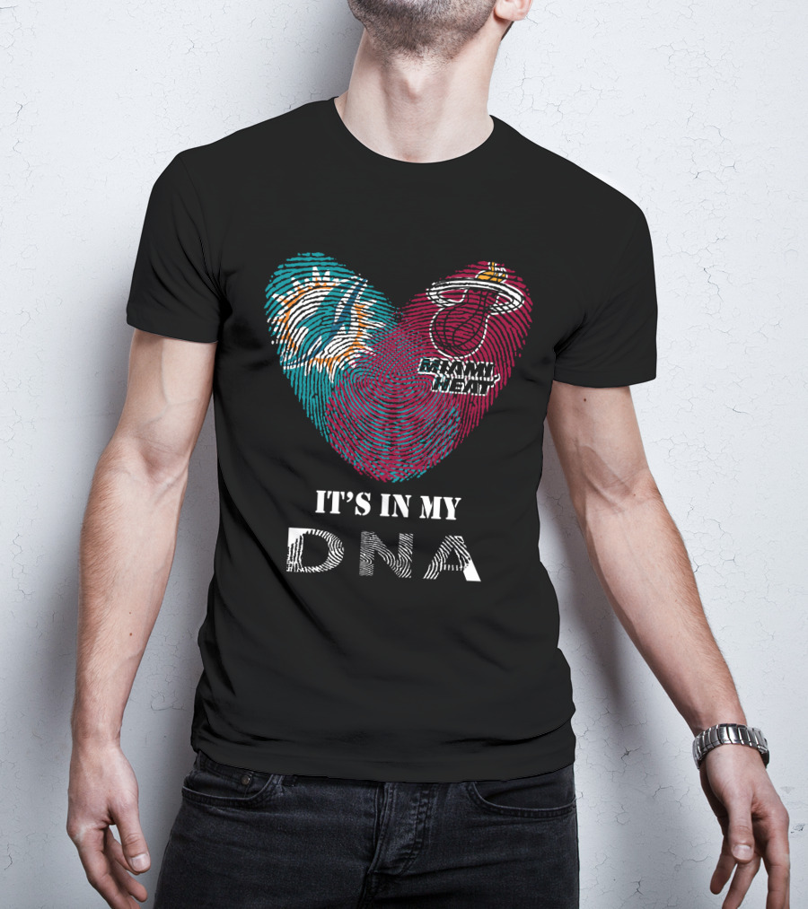Miami Dolphins Miami Heat It's In My Dna Fingerprint Heart T-Shirt