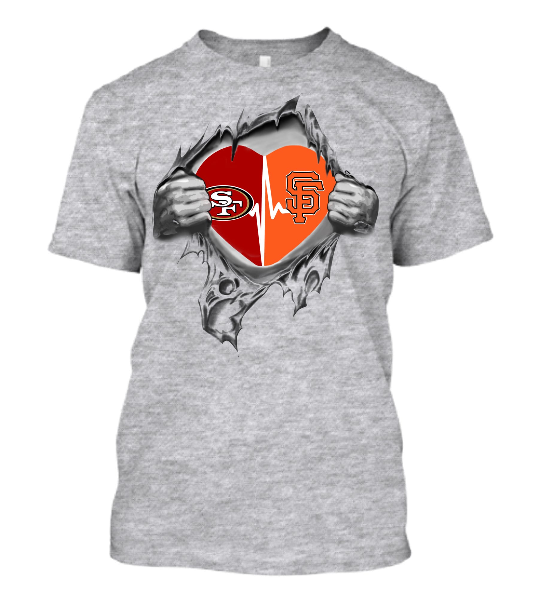 49ers Giants Heartbeat Logo Blended In Torn Heart T-Shirt