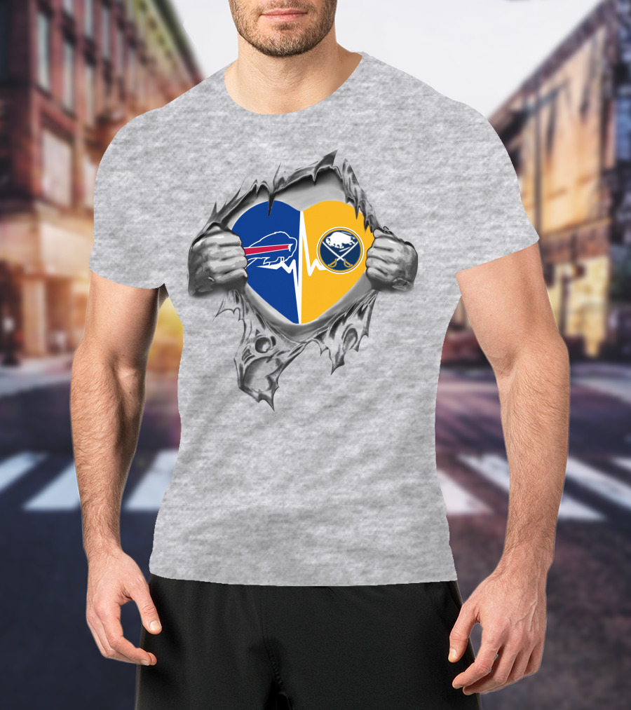 Bills Sabres Heart Torn Fabric Combined Team Logos Inside T-Shirt