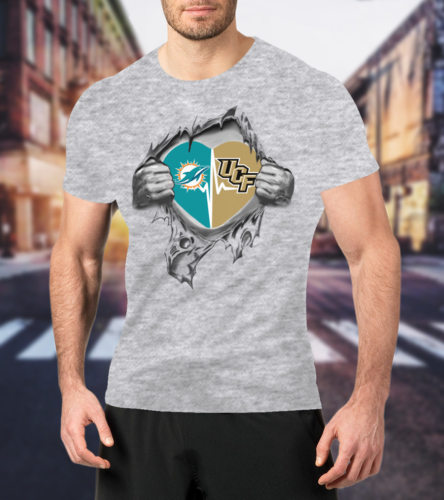 Miami Dolphins UCF Combination Heart Logos Symbolic Unity T-Shirt