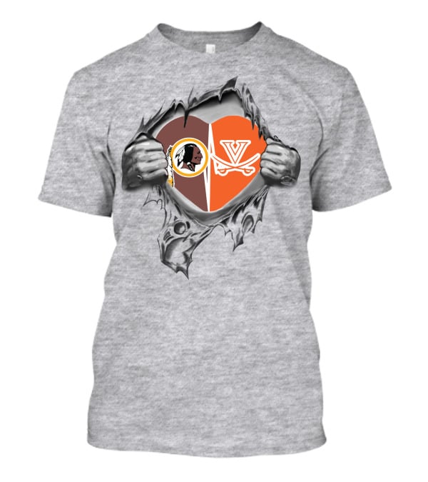Redskins Cavaliers Heart Design With Washington And Virginia Logos T-Shirt