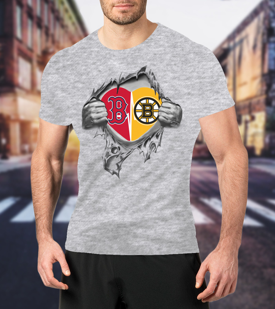 Red Sox Bruins Heart With Tattered Team Logos And Hands Peeling Open T-Shirt
