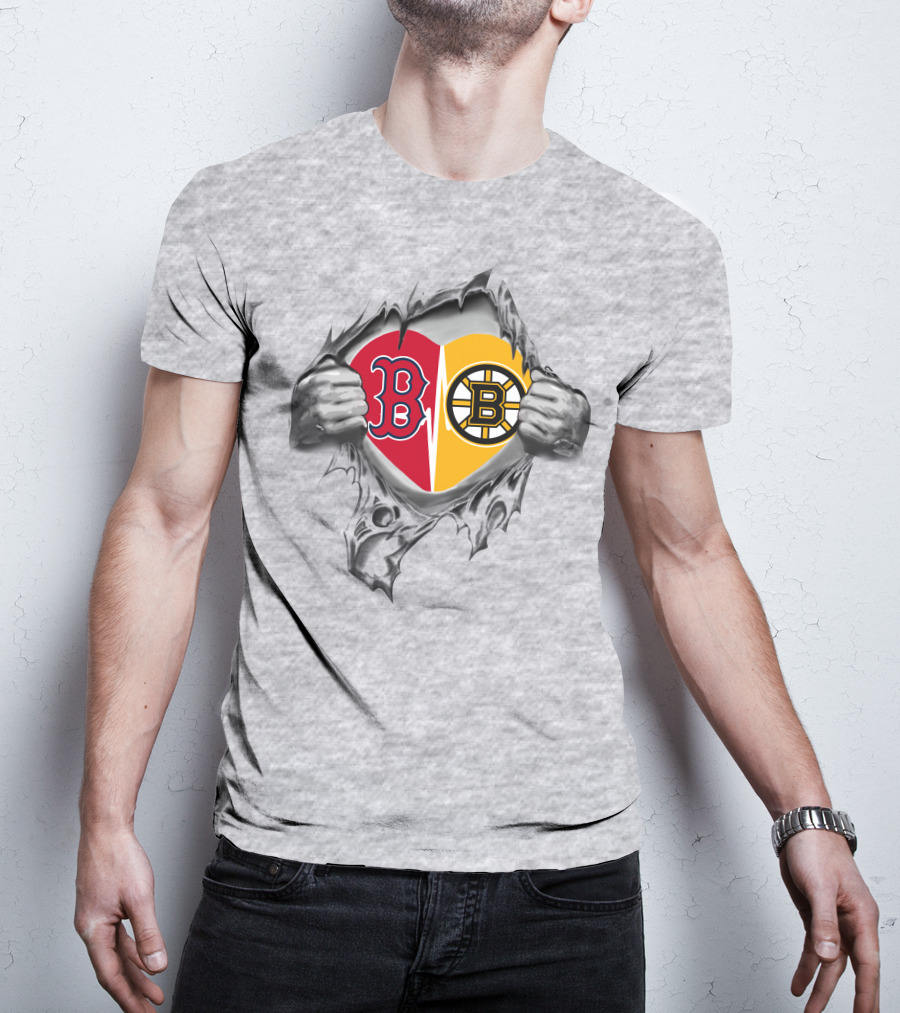 Red Sox Bruins Heart With Tattered Team Logos And Hands Peeling Open T-Shirt