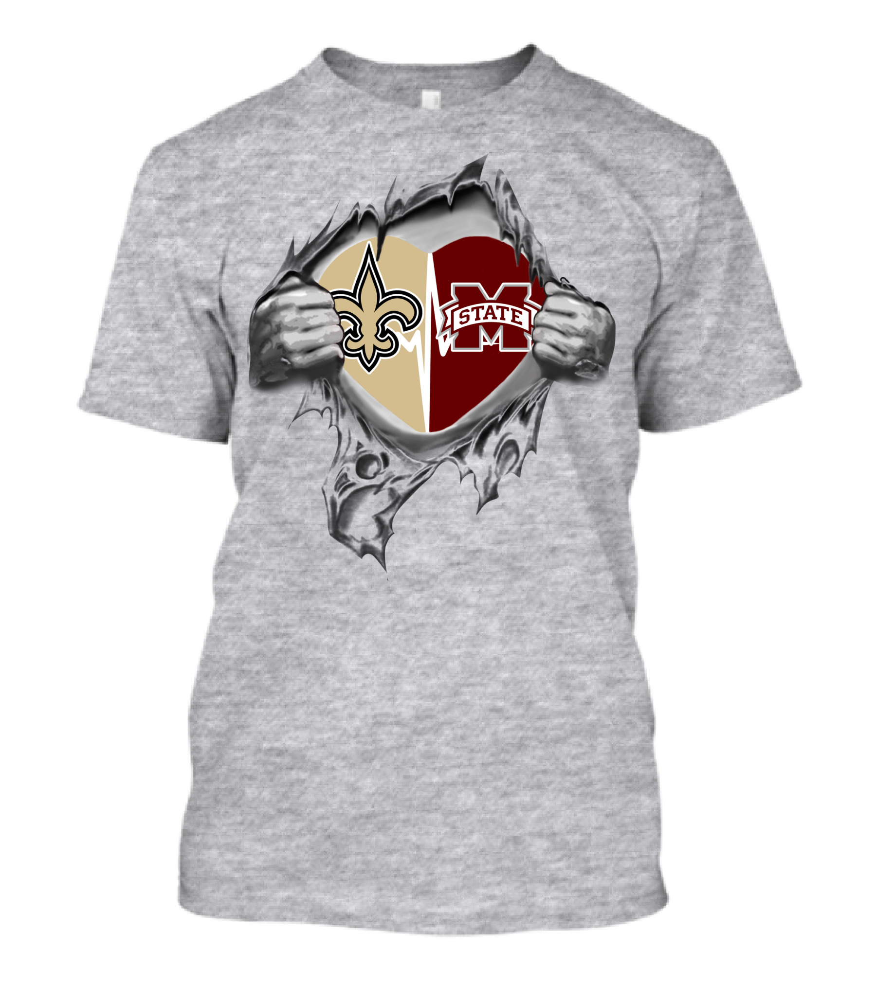 Saints MS State Heart Design Fleur-de-Lis And Bulldogs Ripped T-Shirt