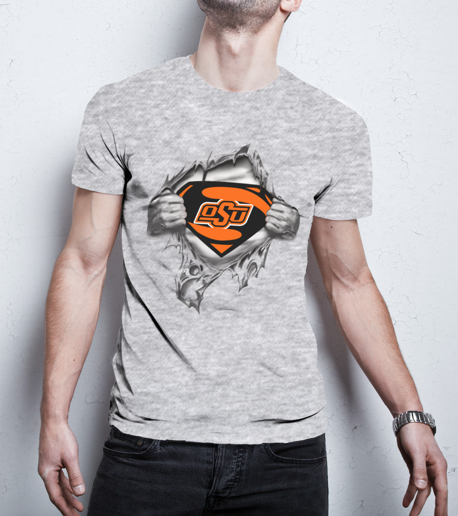 Osu Oklahoma State Cowboys Super Man Logo Rip T-Shirt