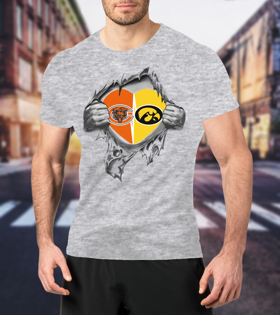 Bears Iowa Hawkeyes Heart Design With Chicago Bears And Iowa Hawkeyes Logo Combinación T-Shirt