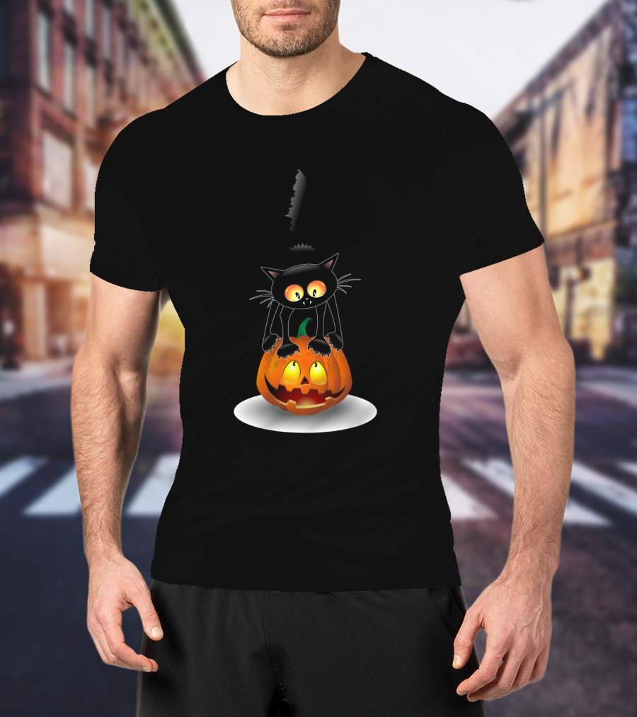 Disney Mickey Mouse Halloween Pumpkin Head With Black Cat Jack O'lantern T-Shirt