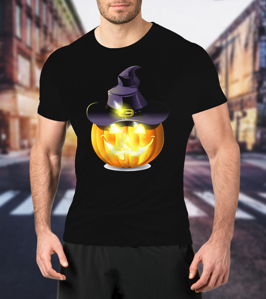 Halloween Pumpkin With Witch Hat And Glowing Smile T-Shirt