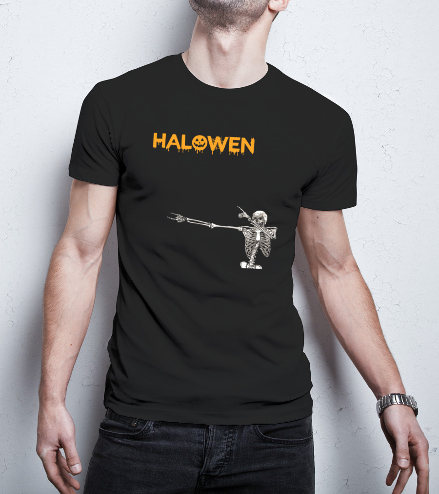Halowen Skeleton Dabbing With Pumpkin Face T-Shirt