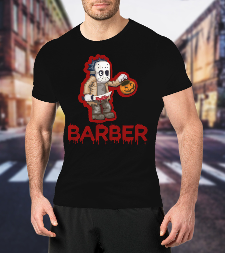Halloween Barber Hairstylist Masked Horror With Pumpkin And Knife T-Shirt