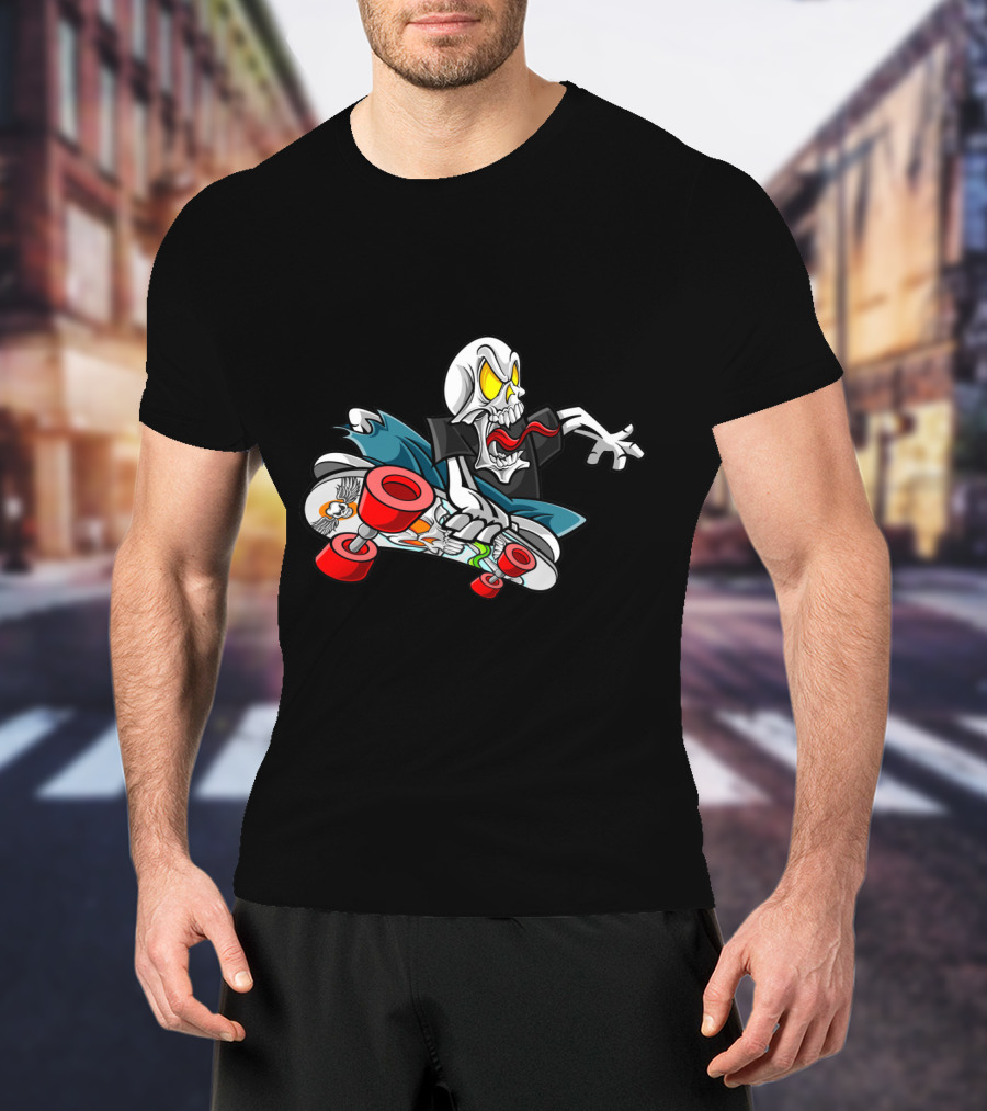 Halloween Skull Skateboarder With Red Wheels And Yellow Eyes T-Shirt