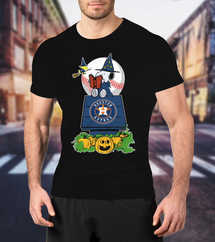 Houston Astros Halloween Snoopy And Woodstock Wizards Jack-O-Lantern Moon Baseball T-Shirt