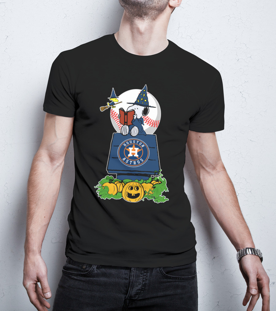 Houston Astros Halloween Snoopy And Woodstock Wizards Jack-O-Lantern Moon Baseball T-Shirt