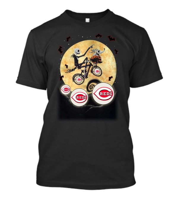 Cincinnati Reds Full Moon Halloween Bats Eerie Skeleton Character Flying Landscape T-Shirt