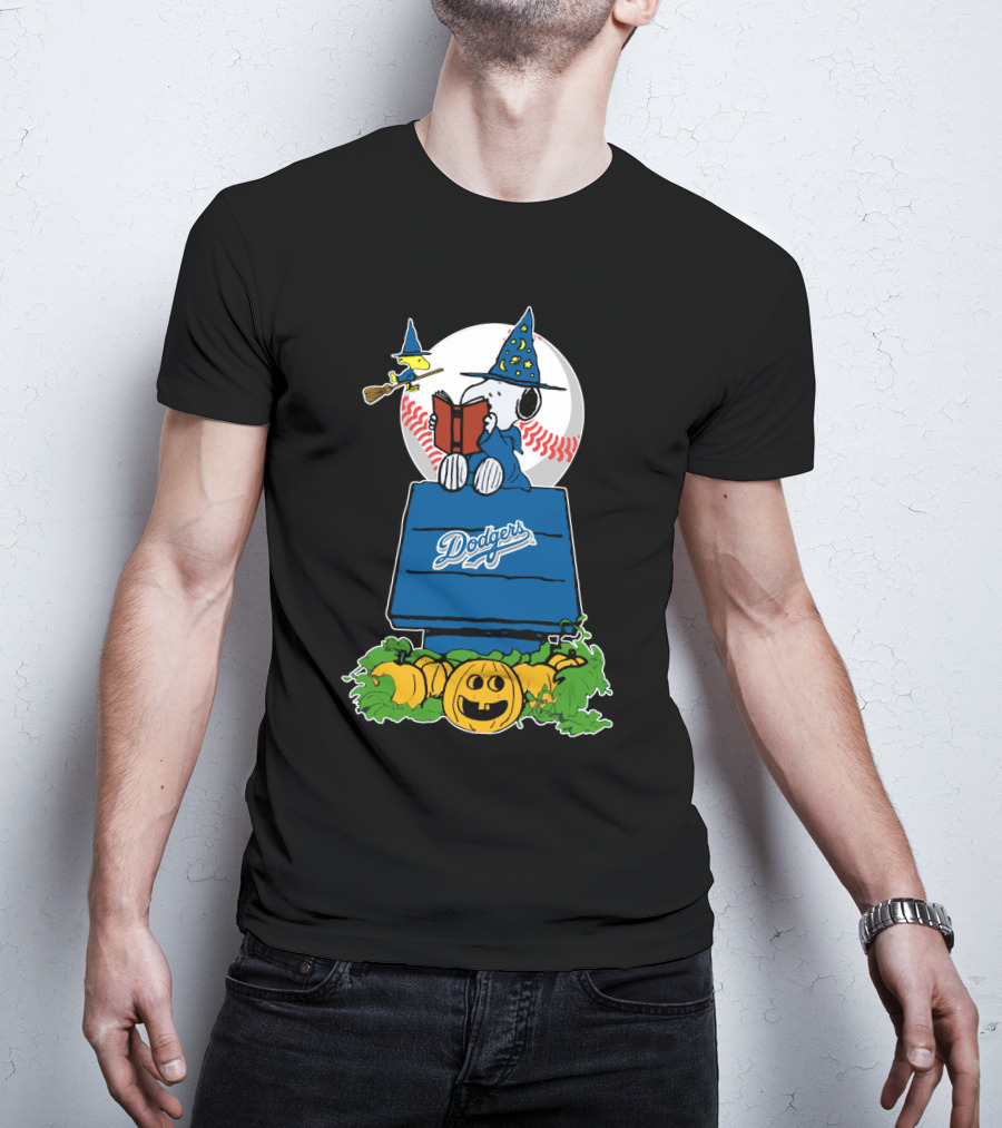 Halloween Dodgers Snoopy Wizard With Woodstock And Pumpkins T-Shirt