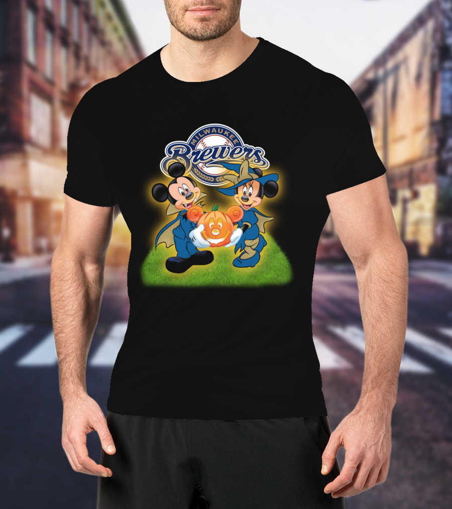 Milwaukee Brewers Halloween Mickey Mouse And Minnie Pumpkin T-Shirt