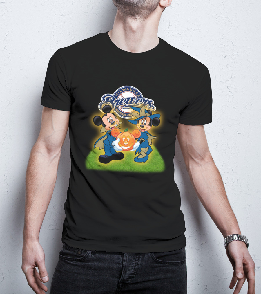 Milwaukee Brewers Halloween Mickey Mouse And Minnie Pumpkin T-Shirt