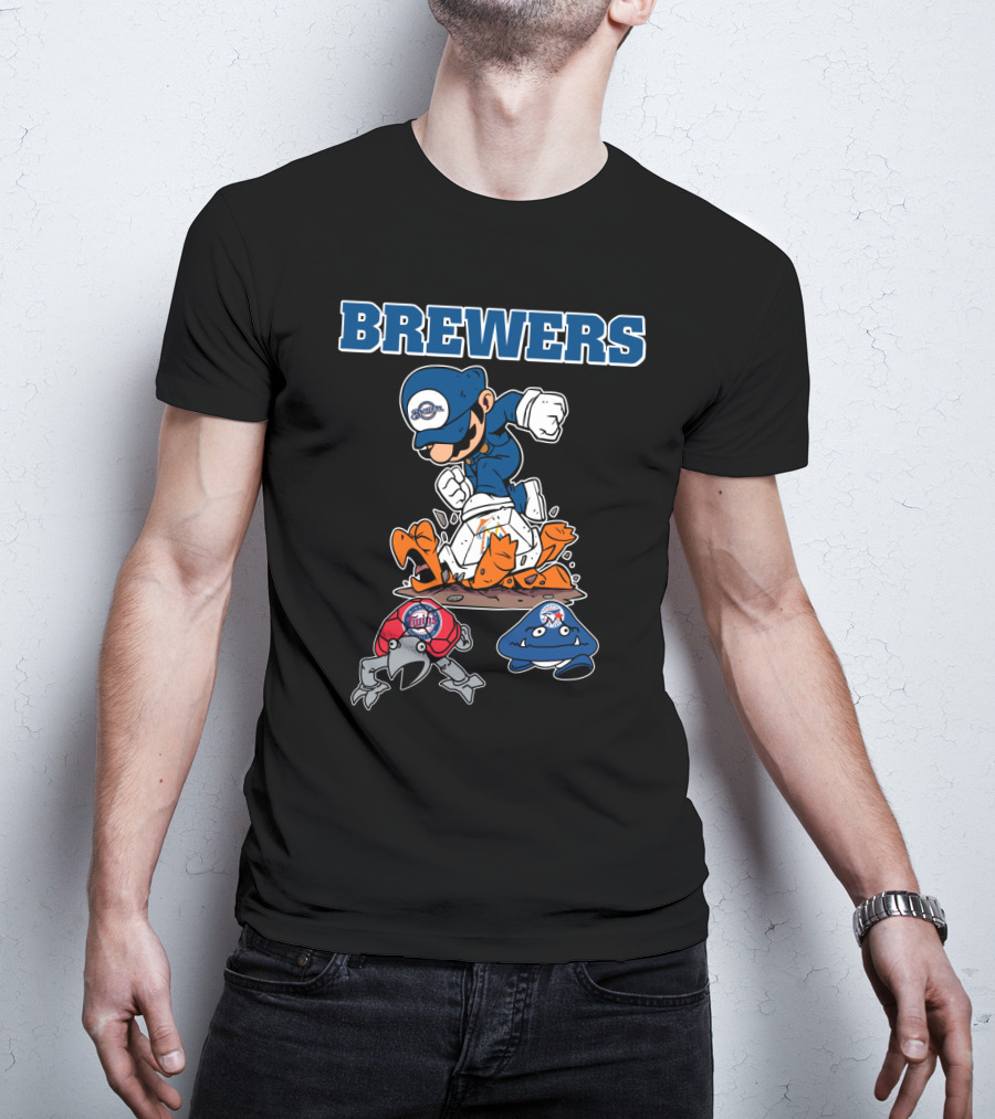 Brewers Cartoon Character In Blue Cap Stomping Orange And Red Creatures T-Shirt
