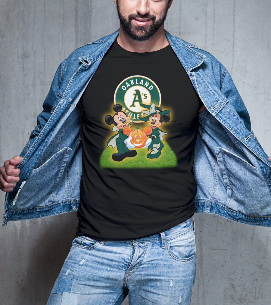Oakland Athletics Halloween Mickey And Minnie With Pumpkin T-Shirt