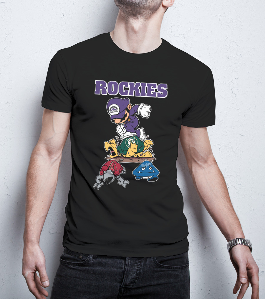 Rockies Character Action With Opponents In Green Yellow Red Blue Gear T-Shirt