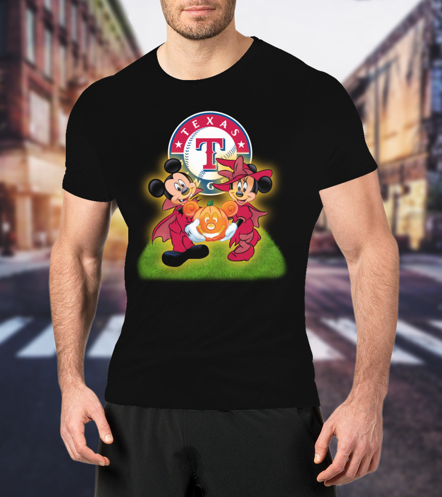 Texas Rangers Halloween Mickey And Minnie With Pumpkin T-Shirt